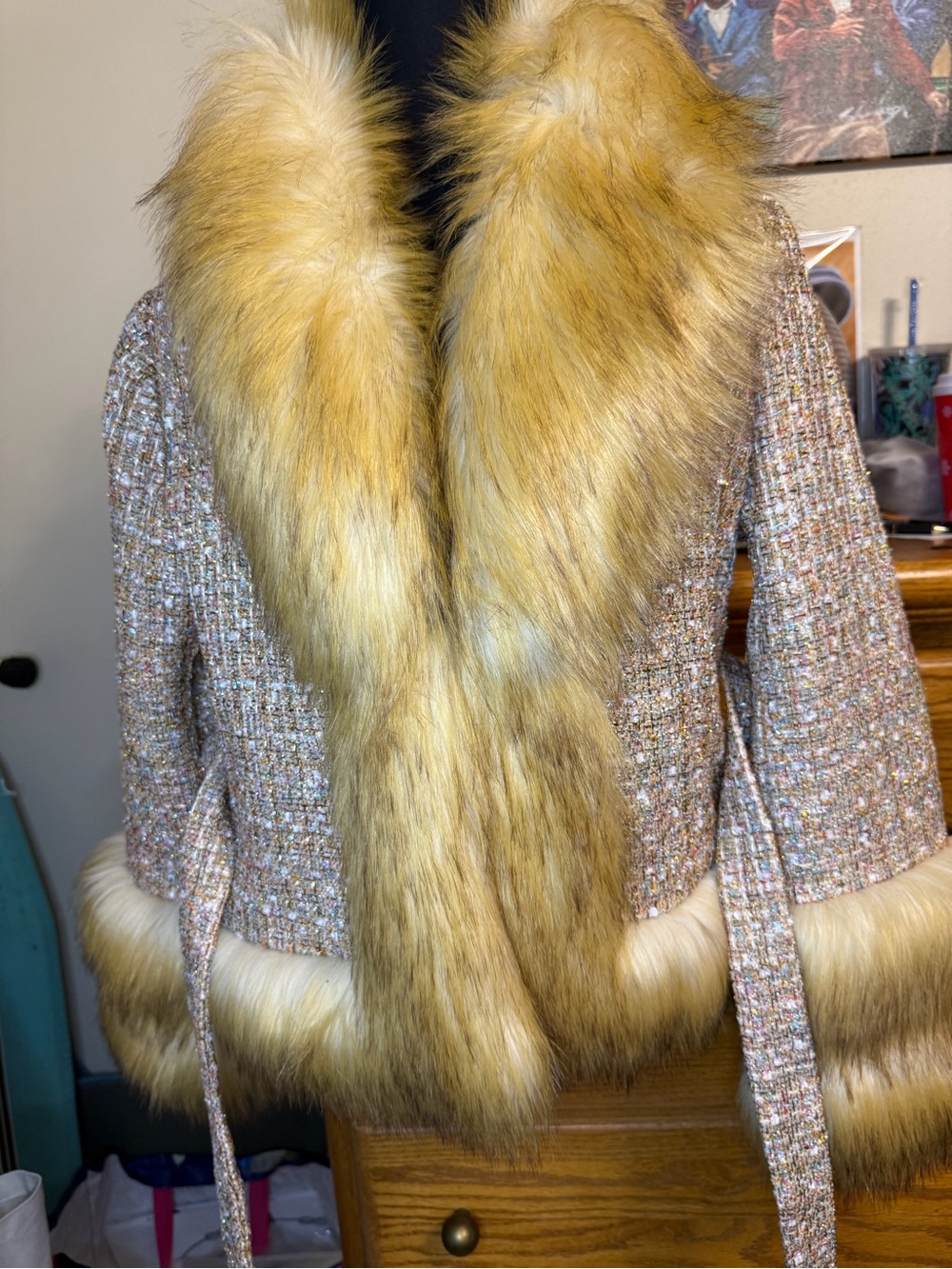 Faux Fur Trim Tweed Women's Jacket in Golden Beige